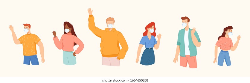 Vector flat cartoon illustration for web sites and banners.Young men and women in medical masks.Female and male Characters collection.Group of smiling boys and girls waving hands.Happy students