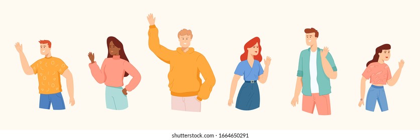 Vector flat cartoon illustration for web sites and banners.Female and male Characters collection.Group of smiling boys and girls waving hands.Happy students.Happy friends