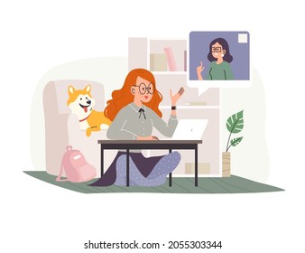 Vector flat cartoon illustration of young girl student at laptop having online lesson at home. Distance study, remote learning, online school classes, teaching. 
