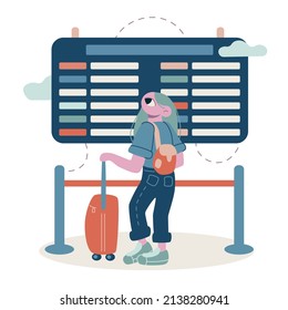 Vector flat cartoon illustration. Young girl with a suitcase looks at the scoreboard at the airport.
