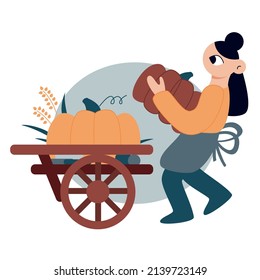 Vector flat cartoon illustration. Young girl harvests. Woman carries a pumpkin to a vegetable cart.