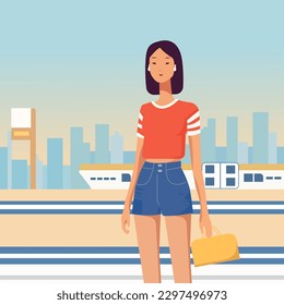 Vector flat cartoon illustration. A young thin girl listens to music on headphones on the embankment in comfortable summer clothes. Against the background of the city, high-rise buildings and a ship.
