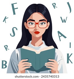 Vector flat cartoon illustration of a young pretty woman in glasses holding an open book in her hands.
