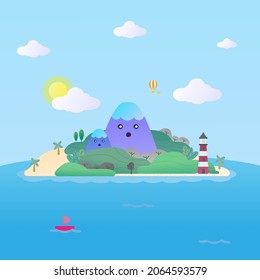 Vector flat cartoon island with mountains and children showing funny surprised expressions, suitable for illustrations, animations and wallpapers