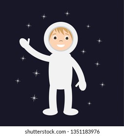 Vector flat cartoon isolated cosmonaut in costume flying in space stars background 