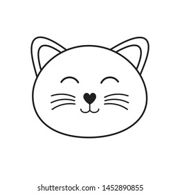 Vector flat cartoon kawaii black line cat kitten face isolated on white background 