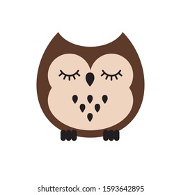 Vector flat cartoon kawaii brown sleeping owl isolated on white background 