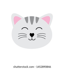 Vector flat cartoon kawaii gray cat kitten face isolated on white background 
