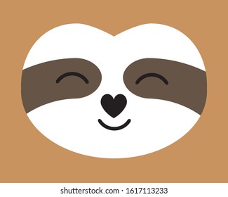 Vector flat cartoon kawaii sloth face portrait isolated on brown background