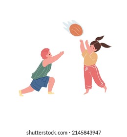 Vector flat cartoon kid characters enjoy sport activities,little athletes play volleyball-children's sport,healthy sporty lifestyle social concept,web site ad banner design