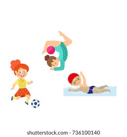 vector flat cartoon kids doing sports set. Girl playing football, another one doing stretching gymnastics exercise with ball, boy swimming in pool. Isolated illustration on a white background.