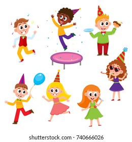 vector flat cartoon kids at party set. Boys eat piece of cake, jumping at trampoline, dancing with air balloon, girls singing at microphone, dancing and whistling in party hat. Isolated illustration.