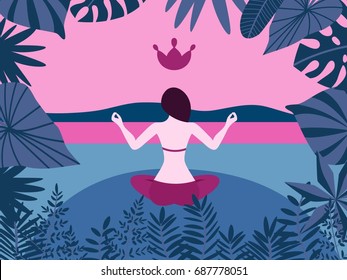 a vector flat cartoon landscape with tropical leaves frame, sky, mountains, hill, and water line; with a yoga girl sitting back in lotus pose and meditating