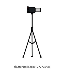 vector flat cartoon lens photo camera standing at special tripod stand back view. Professional photo equipment. Isolated illustration on a white background.