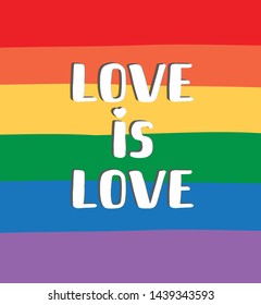 Vector flat cartoon lgbt love is love lettering isolated on rainbow flag background 