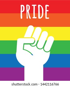 Vector flat cartoon lgbt pride fist poster isolated on rainbow flag background