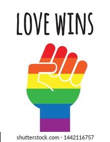Vector flat cartoon lgbt rainbow flag pride fist and love wins lettering poster isolated on white background