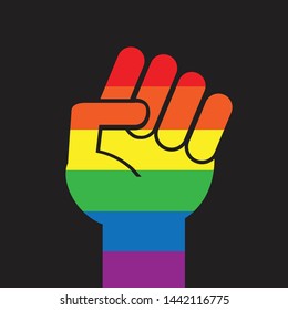 Vector flat cartoon lgbt rainbow flag pride fist isolated on black background