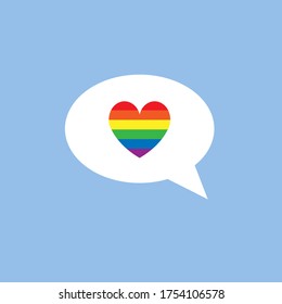Vector flat cartoon lgbt rainbow flag bubble with heart isolated on blue background
