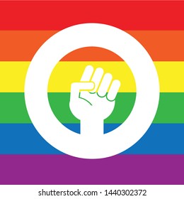 Vector flat cartoon lgbt round white fist isolated on lgbt rainbow flag background 