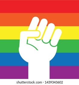 Vector flat cartoon lgbt white fist isolated on lgbt rainbow flag background 