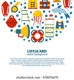Vector flat cartoon lifeguard beach objects: buoy, shark, medusa, lifebuoy, life vest, whistle. Cartoon vector lifeguard icons. Emergence, survival, security beach nautical objects. Summer background