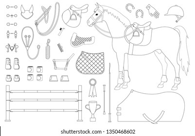 Vector flat cartoon line drawn set of horse riding equestrian sport equipment isolated on white background 