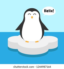 Vector flat cartoon little penguin isolated on arctic landscape standing on ice in the sea Saying hello 