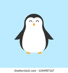 Vector flat cartoon little penguin isolated on blue 