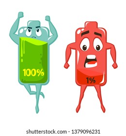 Vector flat cartoon low and full battery character, vector illustration isolated on white background