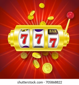 vector flat cartoon lucky triple seven Jackpot, golden slot mashine with dollar rain around. Illustration on a red background. Sign of profit easy money. Casino, gambling games design poster