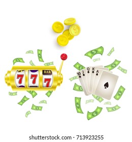 vector flat cartoon lucky triple seven Jackpot golden slot mashine, royal flush spades with dollar rain around, golden coins set. Isolated illustration on a white background. Sign of profit easy money