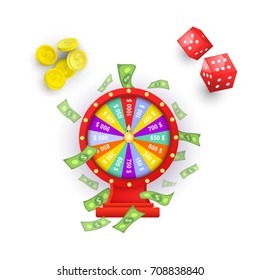 vector flat cartoon lucky wheel of fortune with dollar rain around, gambling dice cubes, casino chips set . Isolated illustration on a white background. Sign of profit, easy money.