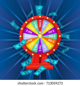 vector flat cartoon lucky wheel of fortune with dollar rain around. Illustration on a blue background. Sign of profit, easy money. Casino, gambling games design poster