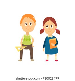 vector flat cartoon male character - cute boy and girl pupil, schoolkid standing smiling holding triangle, workbooks in hands. Isolated illustration on a white background.