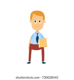 vector flat cartoon male character - cute boy pupil, schoolkid standing smiling holding books or box in hands. Isolated illustration on a white background.