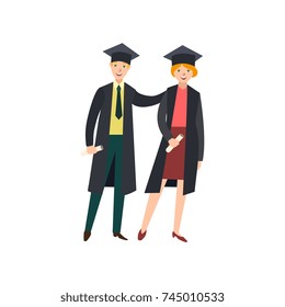 vector flat cartoon male college, university happy graduate character, boy in graduation gown, cap holding diploma hugging girl graduate friend smiling. Isolated illustration on a white background.