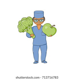 vector flat cartoon male doctor nurce in blue medical clothing , glasses holding huge big apple and broccoli .Adult character. Isolated illustration on a white background.