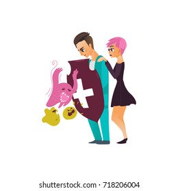 vector flat cartoon male doctor holding shield protecting female patient from mental illness - germs, microbs fear or phobia. Isolated illustration on a white background