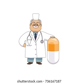 vector flat cartoon male doctor nurce in white medical clothing holding huge big pill drug. Adult man character. Isolated illustration on a white background.