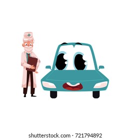 vector flat cartoon male grey-haired doctor mechanic in white medical clothing holding clipboard with blank paper going to treat car character with eyes. Isolated illustration on a white background.