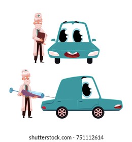 vector flat cartoon male grey-haired doctor mechanic in white medical clothing set. Men holding big syringe, clipboard going to treat car character. Isolated illustration on a white background.