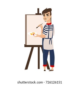 vector flat cartoon man artist painter wearing beret, mustache drawing on easel canvas. French parisian style male portrait full length. Isolated illustration ona white background