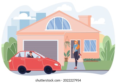 Caricatura vectorial plana el personaje del hombre conduce a la casa, joven elegante y elegante chica linda esperándole sonriendo. Diseño de banners en línea, relaciones románticas, escena de la vida familiar, concepto de historia social