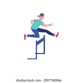 Vector flat cartoon man character runs,hurdling,jumping over barrier obstacle on empty background-sporty healthy lifestyle,life problems solving,goal achievement concept,web site banner ad design