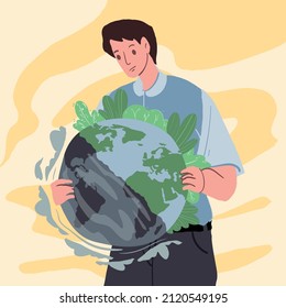Caricatura vectorial plana humana sostiene el problema de la contaminación ambiental del planeta contaminado, el uso de sustancias químicas tóxicas y metales pesados, el concepto de protección ambiental, el diseño de sitios web y banners