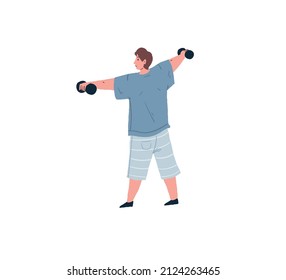 Vector flat cartoon man character enjoy sport activities,doing workout with dumbbells isolated on empty background,healthy sporty lifestyle social concept,web site ad banner design