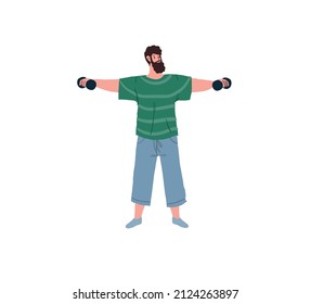 Vector flat cartoon man character enjoy sport activities,doing workout with dumbbells isolated on empty background,healthy sporty lifestyle social concept,web site ad banner design