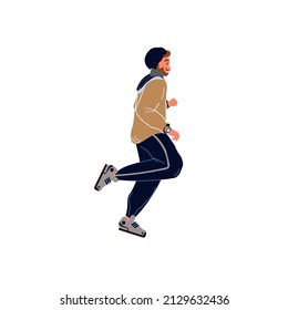 Vector flat cartoon man character runs isolated on empty background.Stylish young athlete doing sports,running-life scene,healthy sporty lifestyle social concept,web site banner ad design