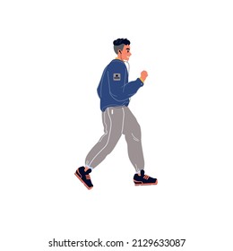 Vector flat cartoon man character runs isolated on empty background.Stylish young athlete doing sports,running-life scene,healthy sporty lifestyle social concept,web site banner ad design